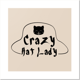 Crazy Hat Lady Text with Cute Cat - Black Posters and Art